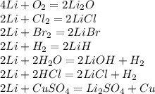 4Li+O_2=2Li_2O\\2Li+Cl_2=2LiCl\\2Li+Br_2=2LiBr\\2Li+H_2=2LiH\\2Li+2H_2O=2LiOH+H_2\\2Li+2HCl=2LiCl+H_2\\2Li+CuSO_4=Li_2SO_4+Cu
