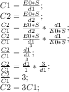 C1=\frac{E0*S}{d1};\\ C2=\frac{E0*S}{d2};\\ \frac{C2}{C1}=\frac{E0*S}{d2}*\frac{d1}{E0*S};\\ \frac{C2}{C1}=\frac{E0*S}{\frac{d1}{3}}*\frac{d1}{E0*S};\\ \frac{C2}{C1}=\frac{d1}{\frac{d1}{3}};\\ \frac{C2}{C1}=\frac{d1}{1}*\frac{3}{d1};\\ \frac{C2}{C1}=3;\\ C2=3C1;\\