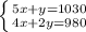 \left \{ {{5x+y=1030} \atop {4x+2y=980}} \right.