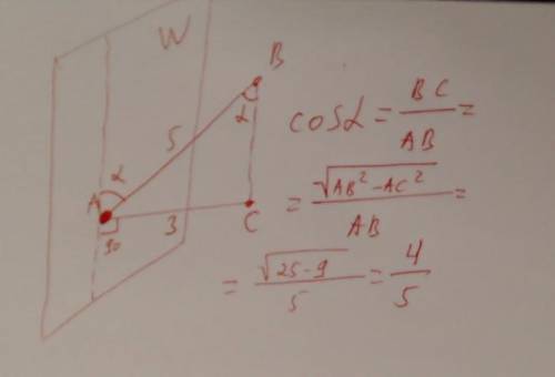 Ортогональная проекция отрезка ав длиной 5 см к плоскости w является отрезок ас длиной 3 см. найдите