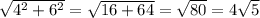 \sqrt{4^2+6^2}=\sqrt{16+64}=\sqrt{80}=4\sqrt{5}