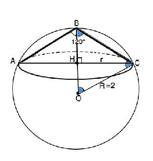 Найдите объем конуса, если наибольший угол между образующими равен 120, а радиус описанного около ко