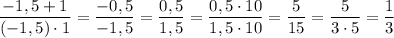 \displaystyle \dfrac{-1,5+1}{(-1,5) \cdot 1}=\dfrac{-0,5}{-1,5}=\dfrac{0,5}{1,5}=\dfrac{0,5 \cdot 10}{1,5\cdot 10}=\dfrac{5}{15}=\dfrac{5}{3 \cdot 5}=\dfrac{1}{3}