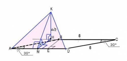 Найдите косинус угла между плоскостями ромба abcd и равностороннего треугольника adk, если ad=8см, у