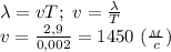 \lambda=vT;\ v= \frac{\lambda}{T}\\&#10;v= \frac{2,9}{0,002} =1450\ (\frac{_M}{c})