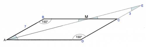 Abcd-параллелограмм. ес=3, ав=7, угол аеd=15градусов, угол в=150 градусов. найдите площадь abcd
