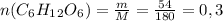 n(C_6H_1_2O_6)=\frac{m}{M}=\frac{54}{180}=0,3