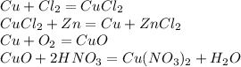 Cu+Cl_2=CuCl_2\\CuCl_2+Zn=Cu+ZnCl_2\\Cu+O_2=CuO\\CuO+2HNO_3=Cu(NO_3)_2+H_2O