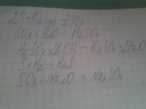 Напишите уравнение реакций, при которых можно осуществить следующее превращения: s→so3→h2so4→k2so4 ↓