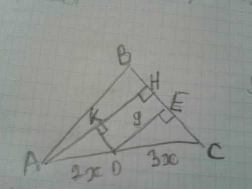 Площадь треугольника авс равна 30 см2. на стороне ас взята точка д так что ад: дс=2: 3. длина перпен