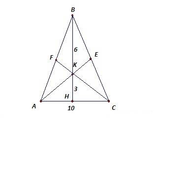 Вравнобедренном треугольнике авс ав=вс,медианы ае и ск пересекаются в точке м,вм=6 см,ас=10см.чему р