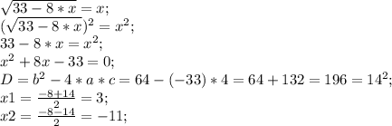 \sqrt{33-8*x} =x;\\ (\sqrt{33-8*x})^2=x^2;\\ 33-8*x=x^2;\\ x^2+8x-33=0;\\ D=b^2-4*a*c=64-(-33)*4=64+132=196=14^2;\\ x1=\frac{-8+14}{2}=3;\\ x2=\frac{-8-14}{2}=-11;\\