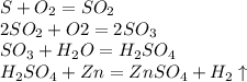 S+O_2=SO_2 \\ 2 SO_2+O2=2SO_3 \\ SO_3+H_2O=H_2SO_4 \\ H_2SO_4+Zn=ZnSO_4+H_2\uparrow
