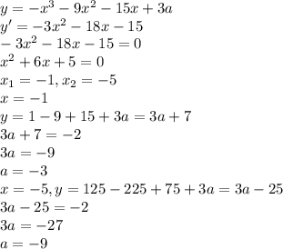 y=-x^3 - 9x^2 - 15x+3a\\ y'=-3x^2 - 18x - 15\\ -3x^2-18x-15=0\\ x^2+6x+5=0\\ x_1=-1,x_2=-5\\ x=-1\\ y=1-9+15+3a=3a+7\\ 3a+7=-2\\ 3a=-9\\ a=-3\\ x=-5,y=125-225+75+3a=3a-25\\3a-25=-2\\ 3a=-27\\ a=-9