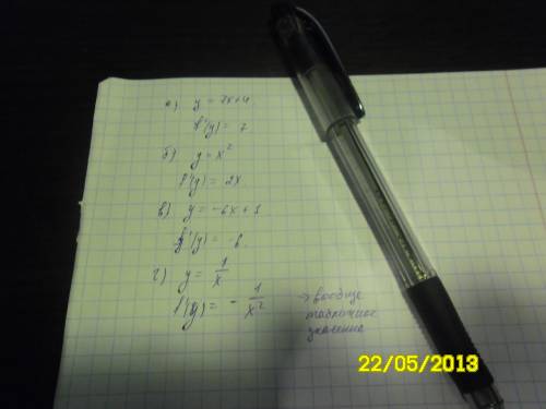 Найдите производную функции: а) y= 7x + 4 б) y= x^2 в) y= -6x + 1 г) y= 1/x