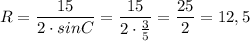 R=\dfrac{15}{2\cdot sinC}=\dfrac{15}{2\cdot \frac{3}{5}}=\dfrac{25}{2}=12,5