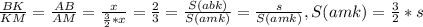 \frac{BK}{KM}=\frac{AB}{AM} = \frac{x}{\frac{3}{2}*x} = \frac{2}{3}=\frac{S(abk)}{S(amk)}= \frac{s}{S(amk)}, S(amk)=\frac{3}{2}*s