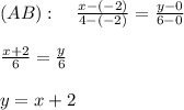 (AB):\ \ \ \frac{x-(-2)}{4-(-2)}=\frac{y-0}{6-0} \\ \\ \frac{x+2}{6}=\frac y6 \\ \\ y=x+2