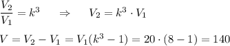 \dfrac{V_2}{V_1}=k^3~~~~\Rightarrow~~~~V_2=k^3\cdot V_1\\\\V=V_2-V_1=V_1(k^3-1)=20\cdot (8-1)=140