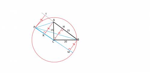 На окружности радиуса 20 с центром в вершине с треугольника авс взята точка р. известно, что ав=25,