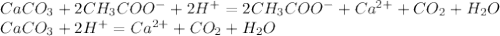 CaCO_3+2CH_3COO^-+2H^+=2CH_3COO^-+Ca^{2+}+CO_2+H_2O\\CaCO_3+2H^+=Ca^{2+}+CO_2+H_2O
