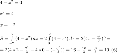 4-x^2=0 \\ \\ x^2=4 \\ \\ x=б2 \\ \\ S=\int\limits_{-2}^2 {(4-x^2)} \, dx= 2\int\limits_0^2 {(4-x^2)} \, dx=2(4x-\frac{x^3}{3})[_0^2= \\ \\ = 2(4*2-\frac{2^3}{3}-4*0-(-\frac{0^3}{3}))=16-\frac{16}{3}=\frac{32}{3}=10,(6)