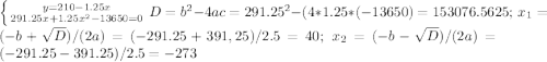 \left \{ {{y=210-1.25x} \atop {291.25x+1.25x^2-13650=0}} \right D=b^2-4ac=291.25^2-(4*1.25*(-13650)=153076.5625;\ x_1=(-b+\sqrt{D})/(2a)=(-291.25+391,25)/2.5=40;\ x_2=(-b-\sqrt{D})/(2a)=(-291.25-391.25)/2.5=-273