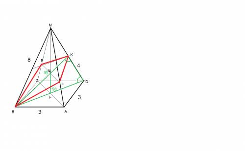 Вправильной 4 угольной пирамиде мавсд с вершиной м стороны основания=3,а боковые ребра =8,найти площ