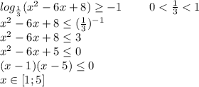 log_{\frac{1}{3}}(x^2-6x+8)\geq-1\ \ \ \ \ \ \ 0