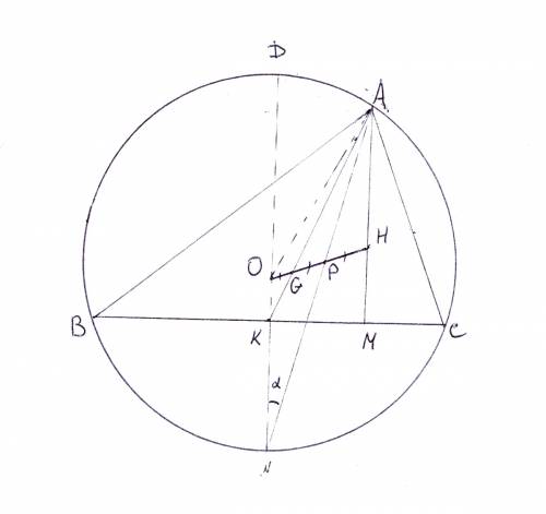 Востроугольном треугольнике авс высоты пересекаются в точке h, а медианы - в точке о. биссекриса угл