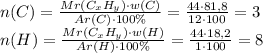 n(C)=\frac{Mr(C_xH_y)\cdot{w(C)}}{Ar(C)\cdot{100\%}}=\frac{44\cdot{81,8}}{12\cdot{100}}=3\\n(H)=\frac{Mr(C_xH_y)\cdot{w(H)}}{Ar(H)\cdot{100\%}}=\frac{44\cdot{18,2}}{1\cdot{100}}=8