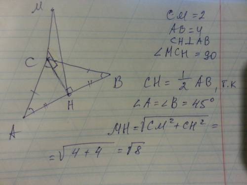 Треугольник авс-прямоугольный и равнобедренный с прямым углом с и гипотенузой 4см. отрезок см перпен