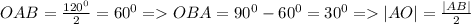 OAB=\frac{120^0}{2}=60^0 = OBA=90^0-60^0 =30^0 = |AO|=\frac{|AB|}{2}