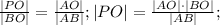 \frac{|PO|}{|BO|}=\frac{|AO|}{|AB|}; |PO|=\frac{|AO|\cdot|BO|}{|AB|};