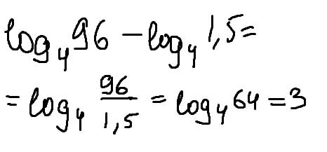 Логарифм по основанию 4 от числа 96 минус логарифм по основанию 4 от числа 1.5 если кто знает, объяс