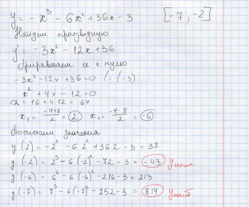 Решить найдите наибольшее и наименьшее значение функции y=-x^3-6x^2+36x-3, на промежутке [-7; -2]