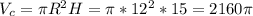 V_c=\pi R^2 H=\pi *12^2*15=2160\pi