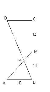 Биссектриса угла а прямоугольника авсд делит сторону вс в точке м. вм=10, мс=14. на отрезки какой дл