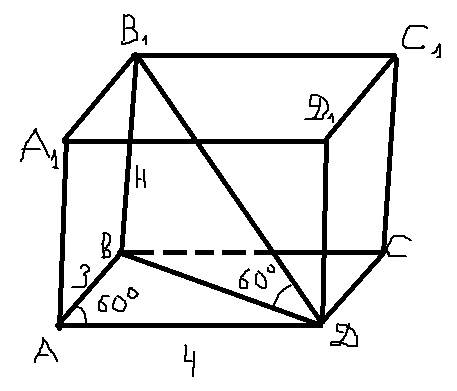 Основанием прямого паралелипипита является паралелограм,стороны 3 и 4 см,образуют угол 60 градусов.
