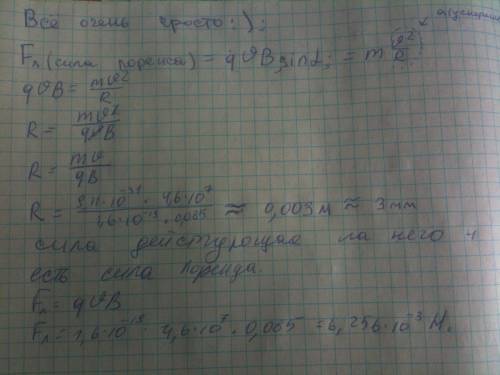 Воднородном магнитном поле с индукцией 0,085 тл влетает електрон со скоростью 4,6 * 10 ( в 7 степени