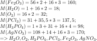 M(Fe_2O_3)=56*2+16*3=160;\\M(H_2O)=1+16*2=18;\\M(O_2)=16*2=32;\\M(PCl_3)=31+35,5*3=137,5;\\M(H_3PO_4)=1*3+31+16*4=98;\\M(AgNO_3)=108+14+16*3=170;\\=H_2O,O_2, H_3PO_4, PCl_3, Fe_2O_3, AgNO_3.
