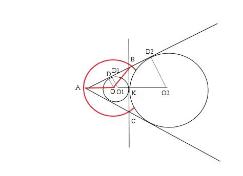 Две касающиеся внешним образом в точке к окружности, радиус одной из которых в двое больше радиуса д