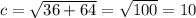 c=\sqrt{36+64}=\sqrt{100}=10