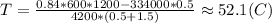 T=\frac{0.84*600*1200-334000*0.5}{4200*(0.5+1.5)} \approx52.1(C)