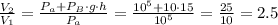 \frac{V_2}{V_1}=\frac{P_a + P_B \cdot g \cdot h}{P_a} = \frac{10^5 + 10 \cdot 15}{10^5} = \frac{25}{10} = 2.5
