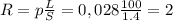 R=p\frac{L}{S}=0,028\frac{100}{1.4}=2