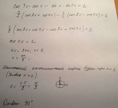 Найдите наименьший положительный корень уравнения (в градусах) cos3x*cosx – sinx*sin3x = 1