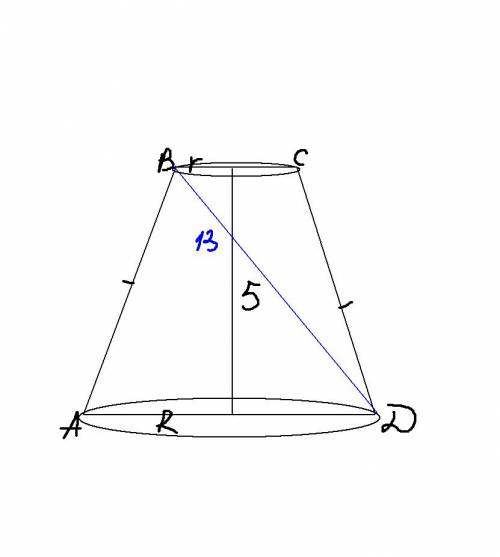 Высота усеченного конуса равна 5 см, а диагональ осевого сечения 13 см. радиусы оснований относятся