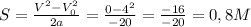 S=\frac{V^2-V_0^2}{2a}=\frac{0-4^2}{-20}=\frac{-16}{-20}=0,8 M