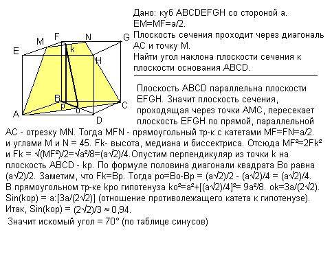 Дан куб abcdefgk. найти величину угла между плоскостью abcd и плоскостью, содержащей диагональ ac гр